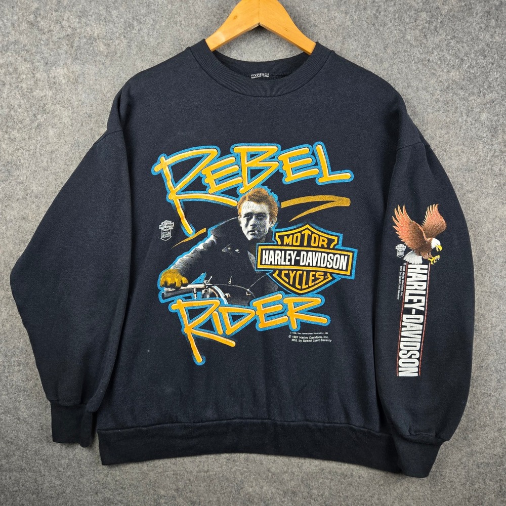Vintage Harley Davidson Sweatshirt Mens Large Black James Dean Rebel Rider 80s
